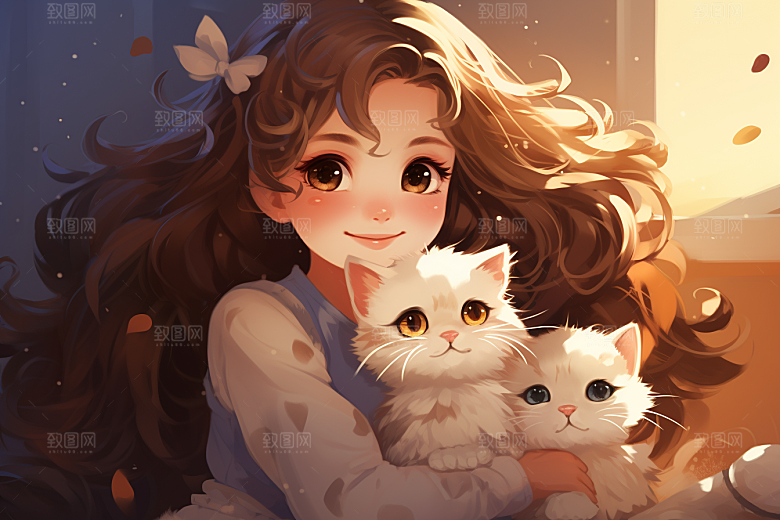 猫咪和少女清新自然素材
