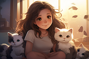 猫咪和少女萌宠插画素材