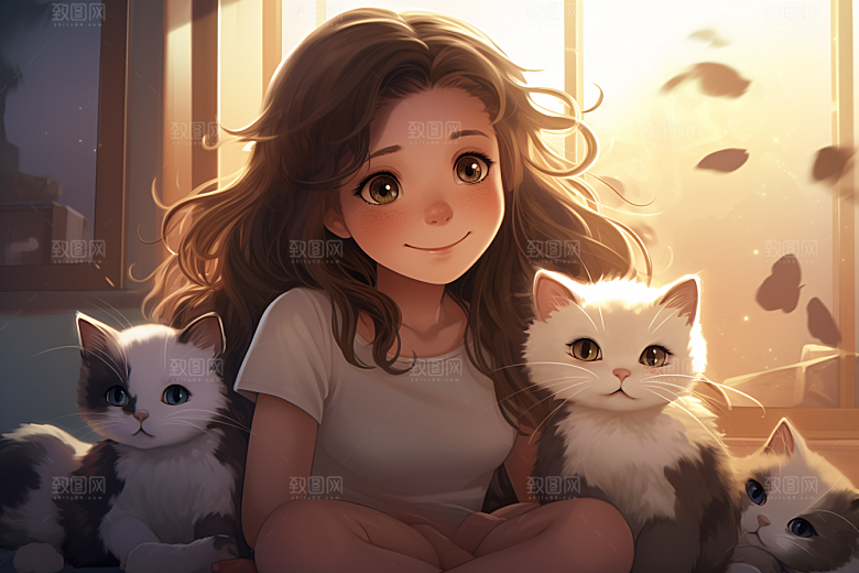 猫咪和少女萌宠插画素材
