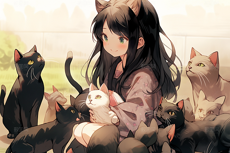 猫咪和少女清新漫画风素材