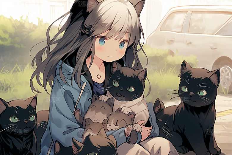 猫咪和少女卡通自然素材
