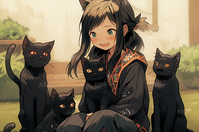 猫咪和少女家居生活素材
