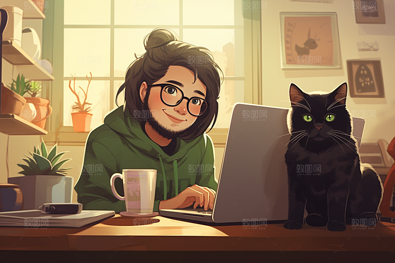 猫咪和少女生活萌宠素材