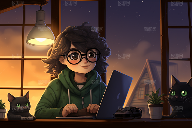 猫咪和少女清新可爱素材