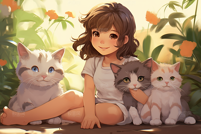猫咪和少女清新家居素材