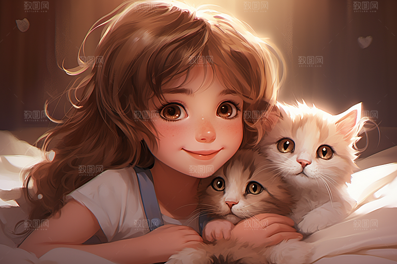 猫咪和少女卡通漫画风素材