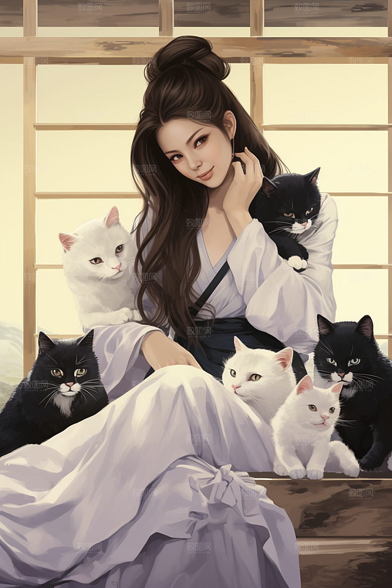 猫咪和少女卡通可爱素材