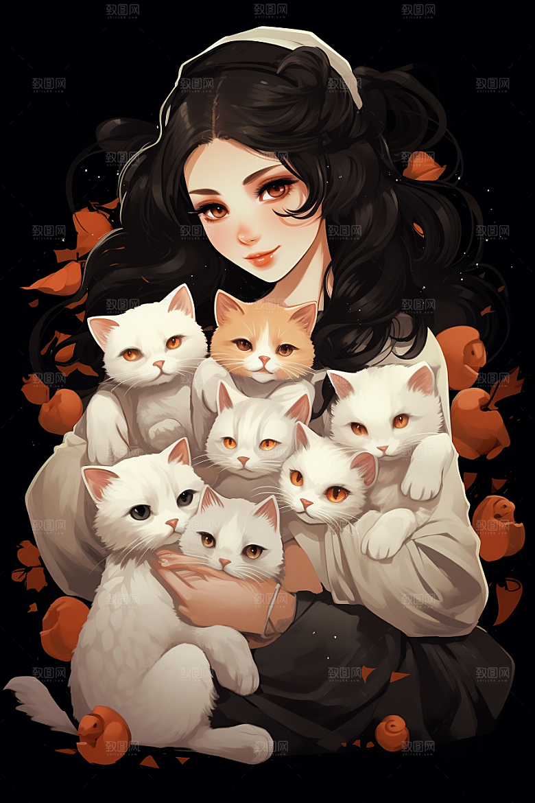 猫咪和少女插画自然素材