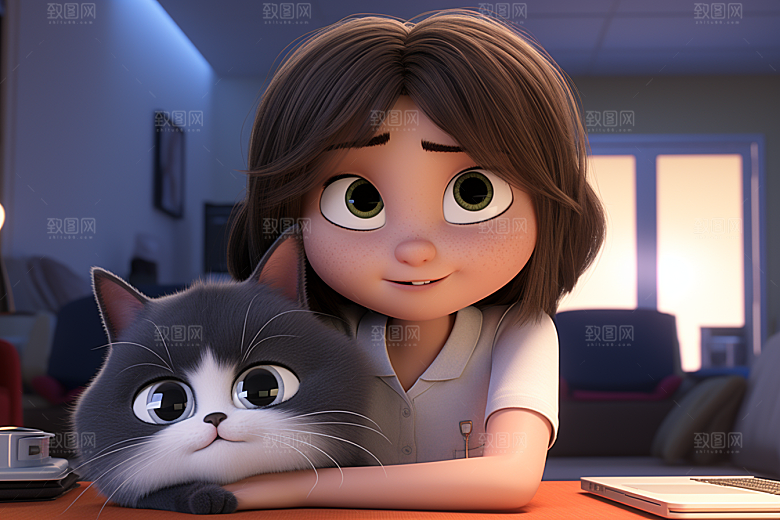 猫咪和少女插画小猫素材