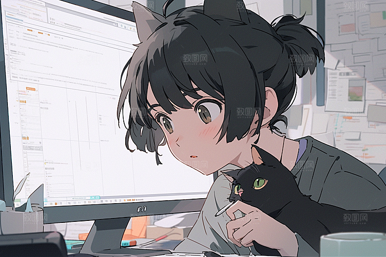 猫咪和少女家居漫画风素材