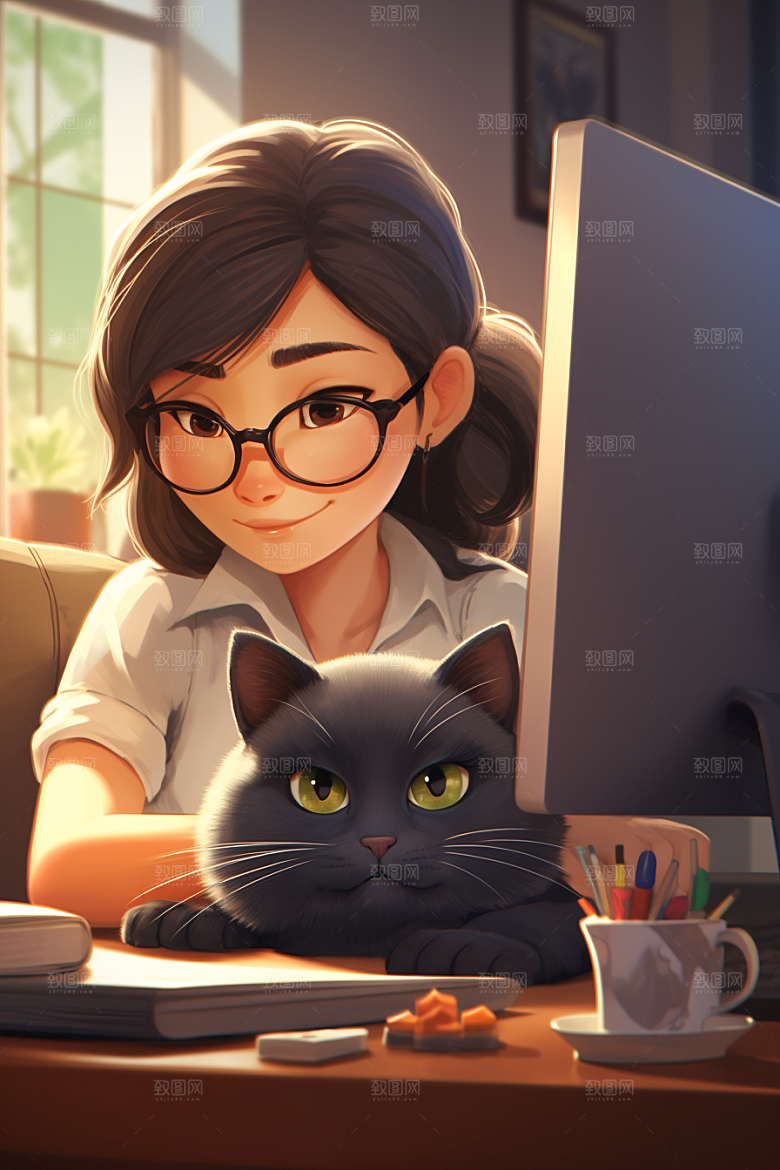 猫咪和少女卡通宠物素材