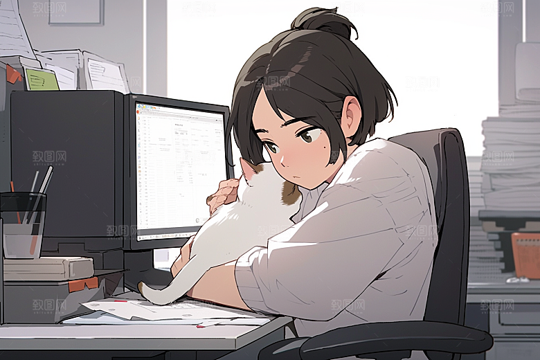 猫咪和少女插画宠物素材