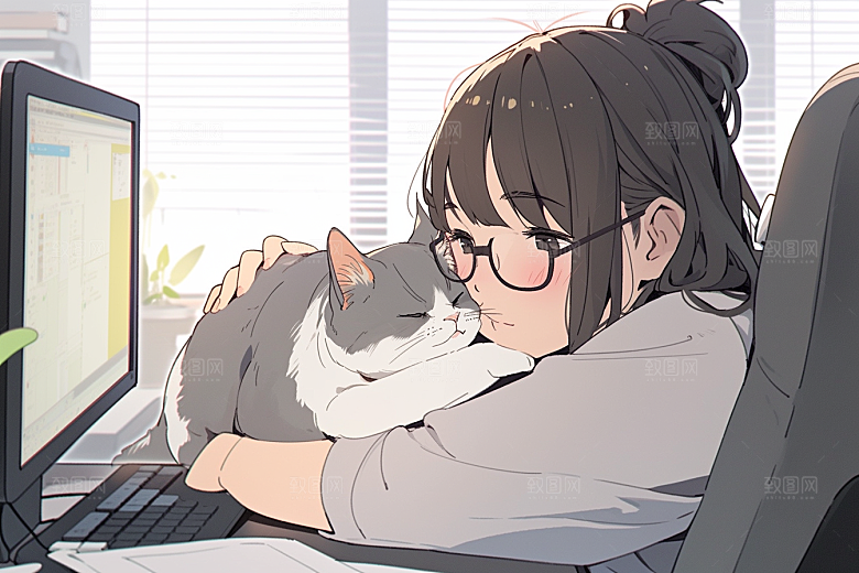 猫咪和少女卡通宠物素材