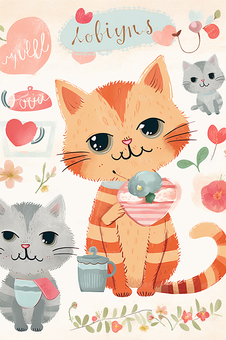 卡通猫咪插画文具贴纸