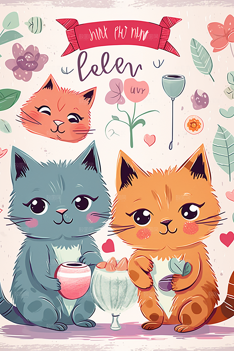 卡通猫咪插画文具贴纸