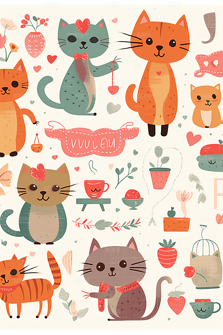 卡通猫咪手绘插画贴纸