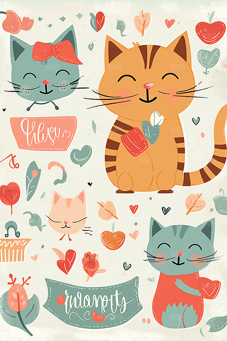 卡通猫咪小动物插画贴纸