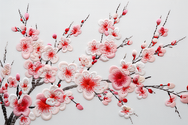 梅花刺绣高清精致摄影图