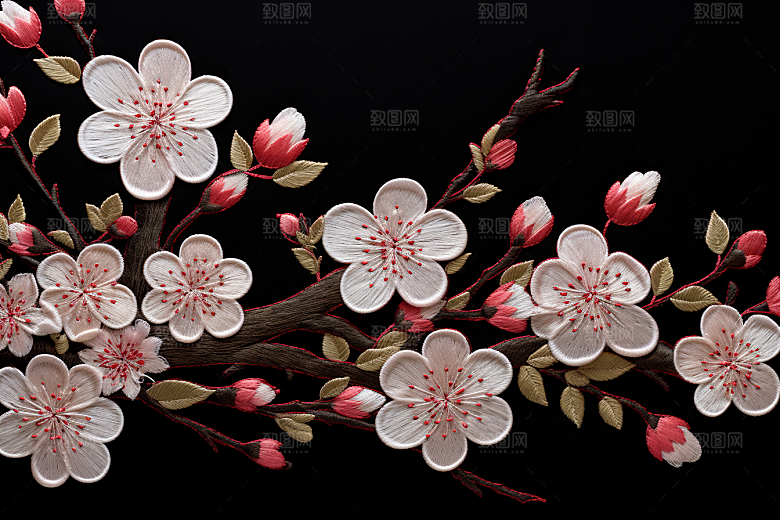 梅花刺绣国画风高清摄影图