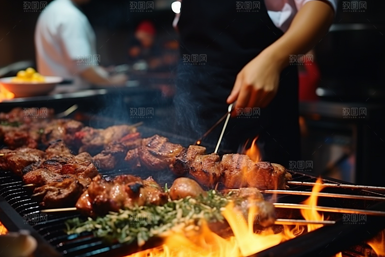 烧烤烤肉鸡肉串牛肉串素材