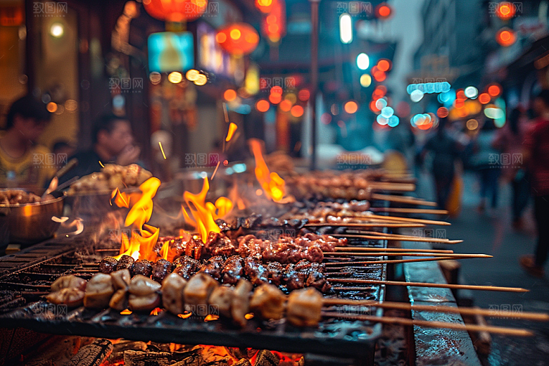 火热烤串夜宵肉串摄影图