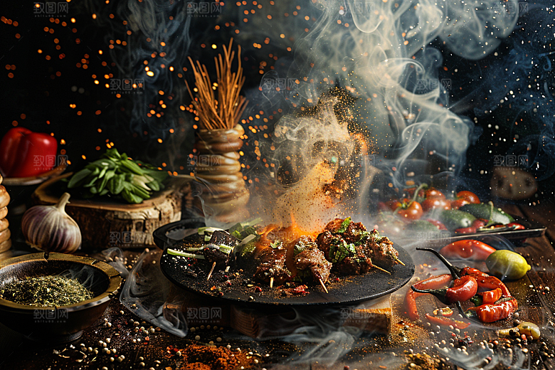 火热烤串美食烤肉摄影图