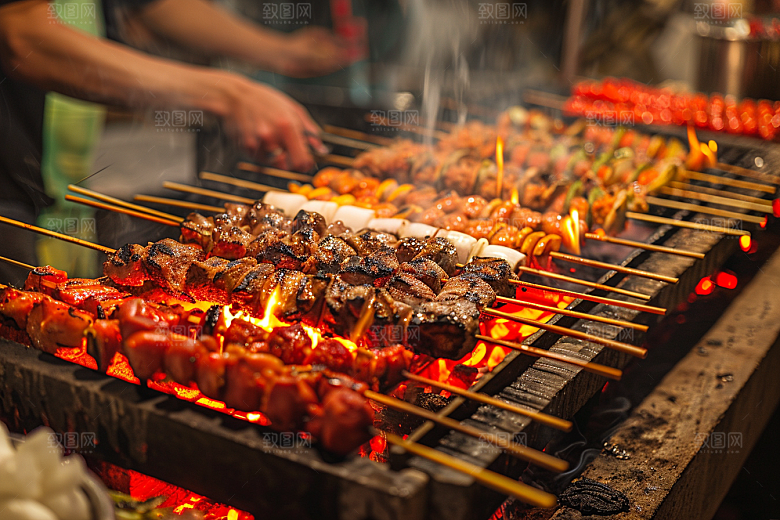 火热烤串烟熏火燎美食摄影图