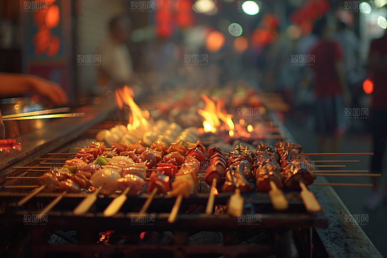 火热烤串美食烤肉摄影图