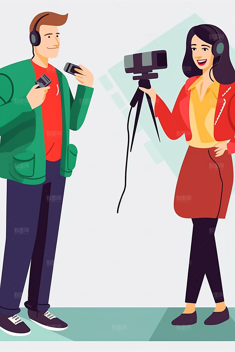 媒体人扁平现场直播插画