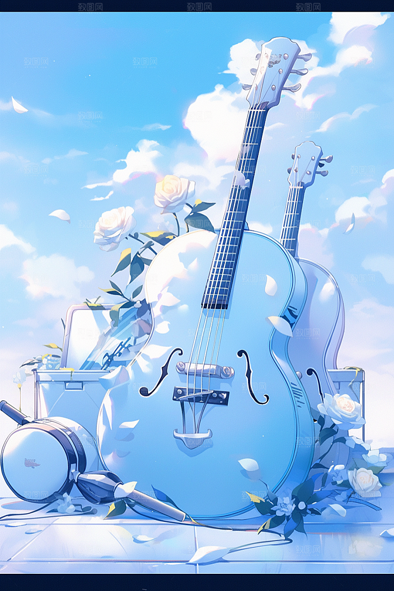 梦幻天空乐器唯美幻想插画