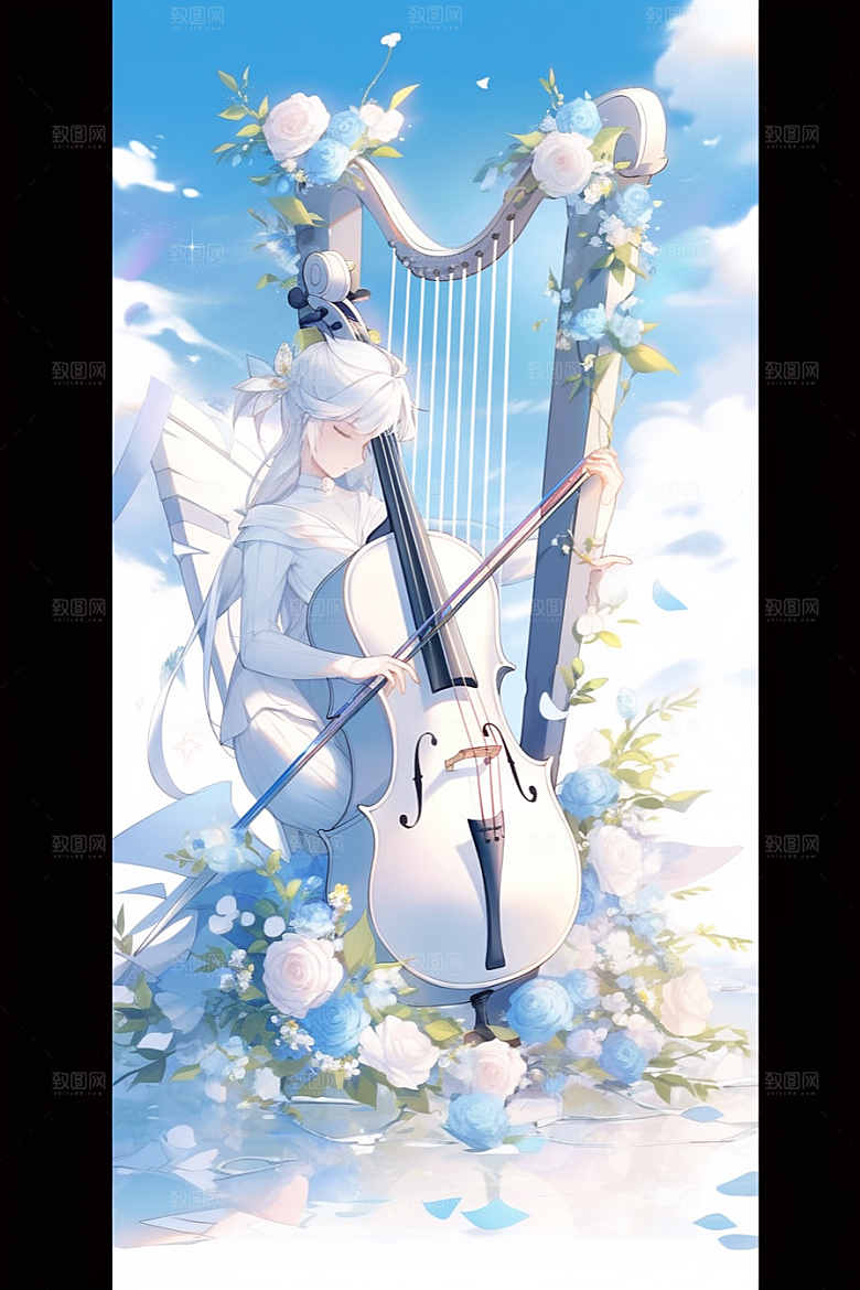 梦幻天空乐器艺术唯美插画