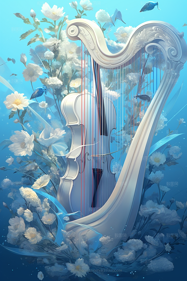 梦幻天空乐器浪漫艺术插画
