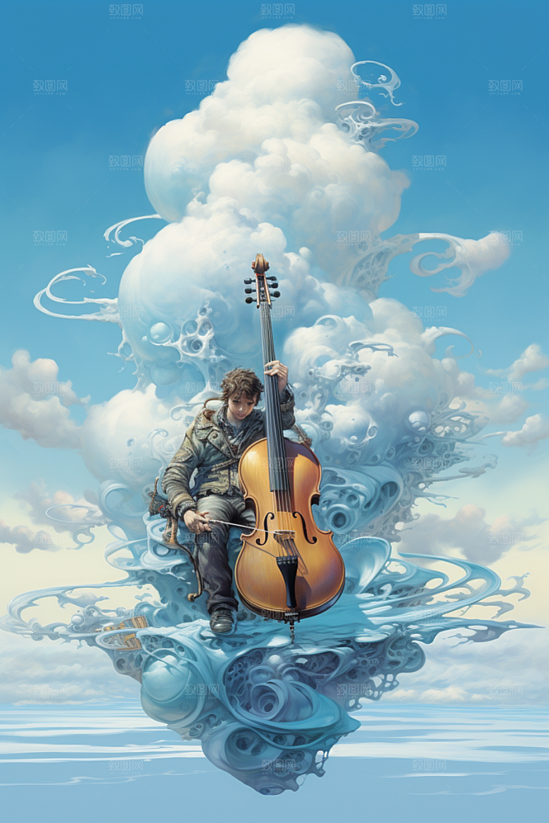 梦幻天空乐器手绘幻想插画