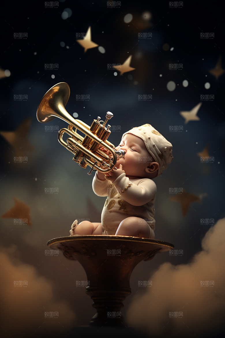 梦幻天空乐器手绘艺术插画