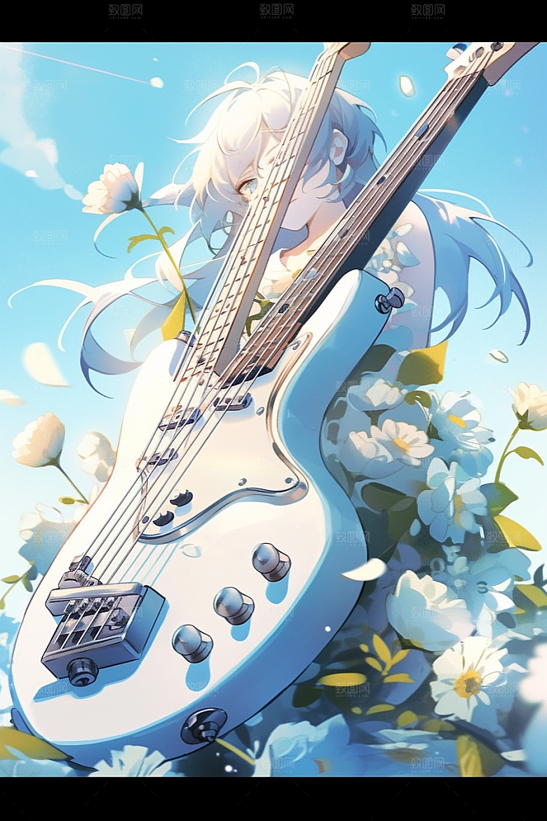 梦幻天空乐器唯美手绘插画