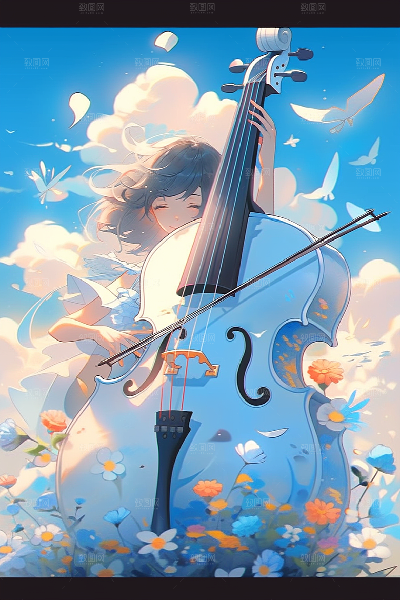 梦幻天空乐器手绘高清插画