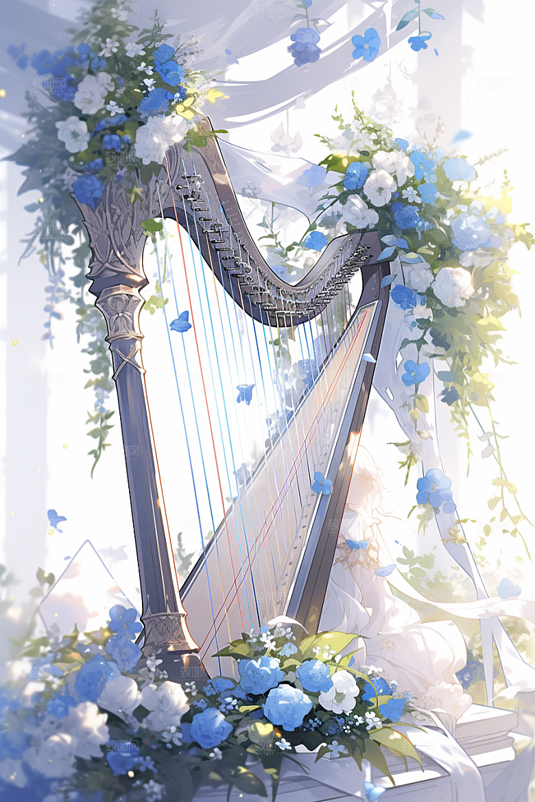 梦幻天空乐器唯美浪漫插画