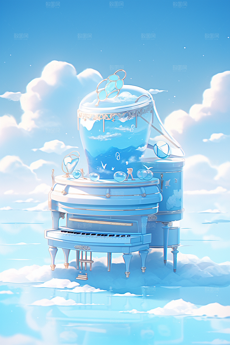 梦幻天空乐器高清手绘插画