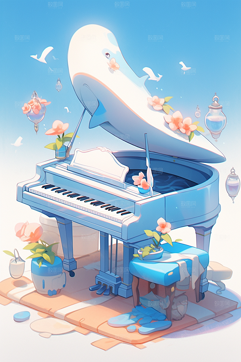 梦幻天空乐器美妙手绘插画