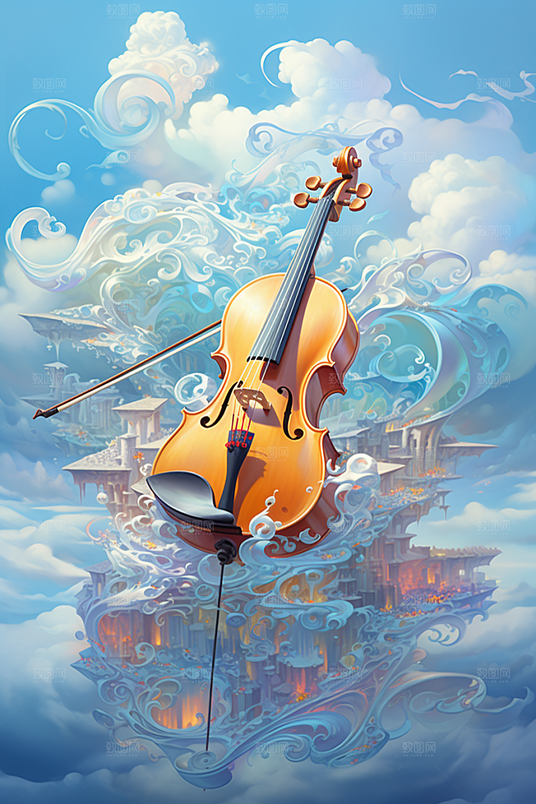 梦幻天空乐器浪漫手绘插画