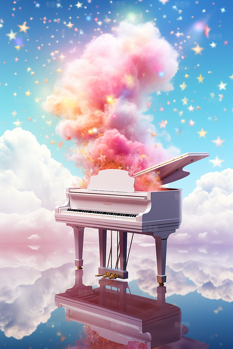 梦幻天空乐器乐章手绘插画