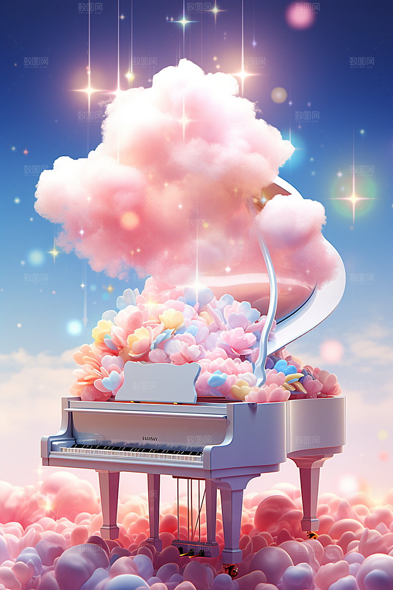 梦幻天空乐器浪漫手绘插画