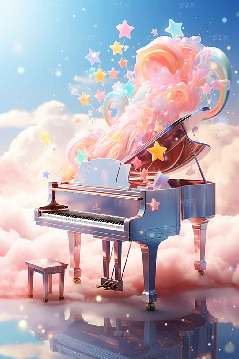 梦幻天空乐器唯美手绘插画