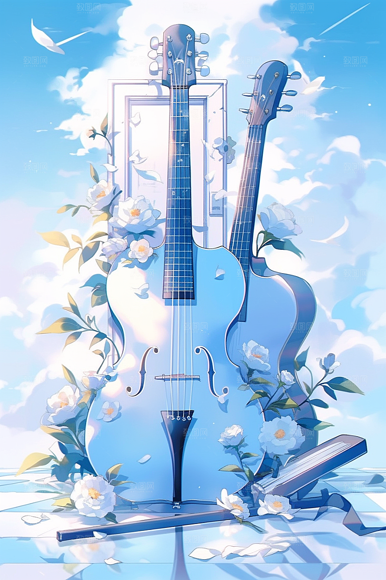 梦幻天空乐器唯美美妙插画