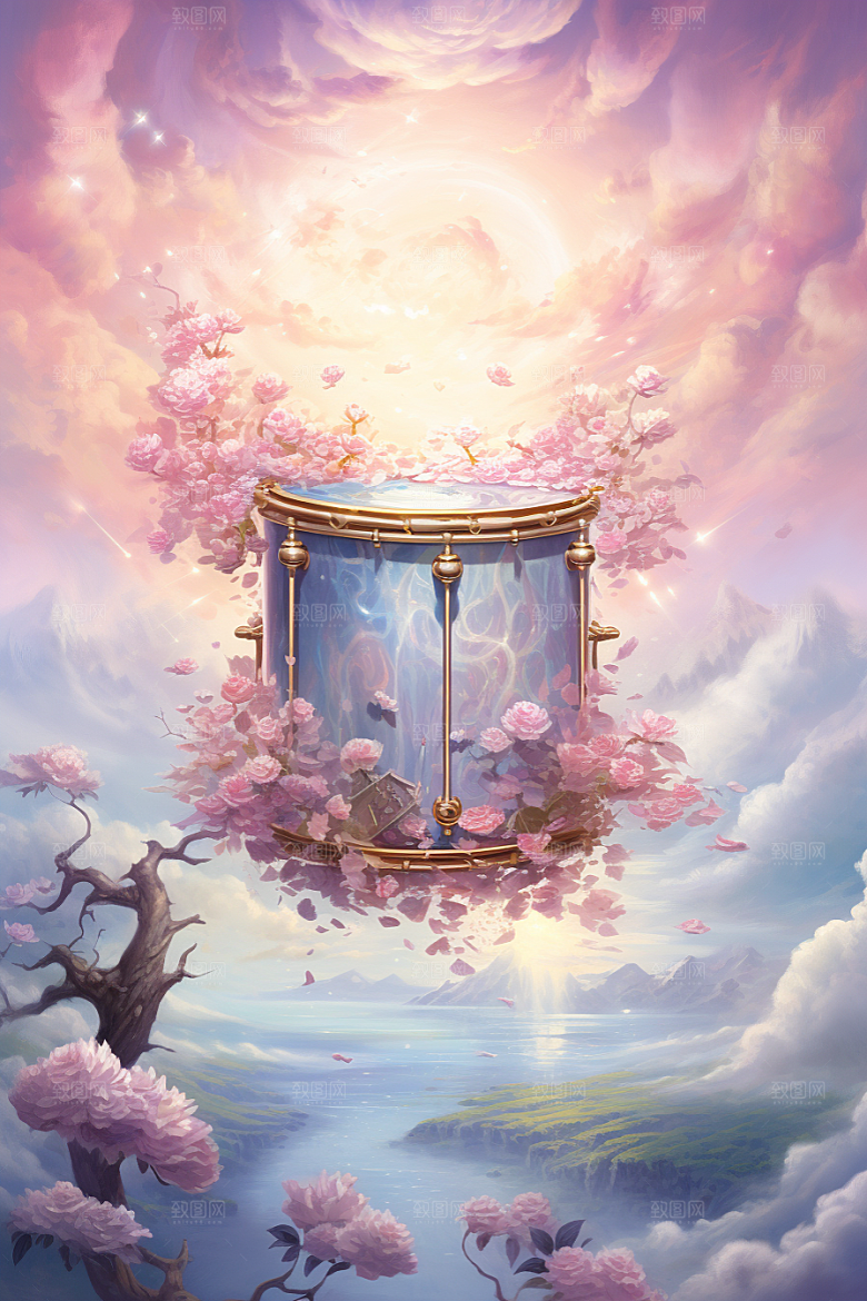 梦幻天空乐器幻想艺术插画