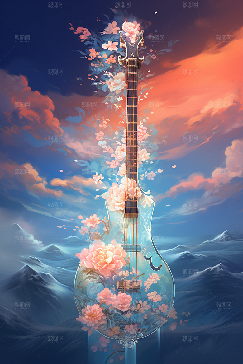 梦幻天空乐器浪漫音乐插画