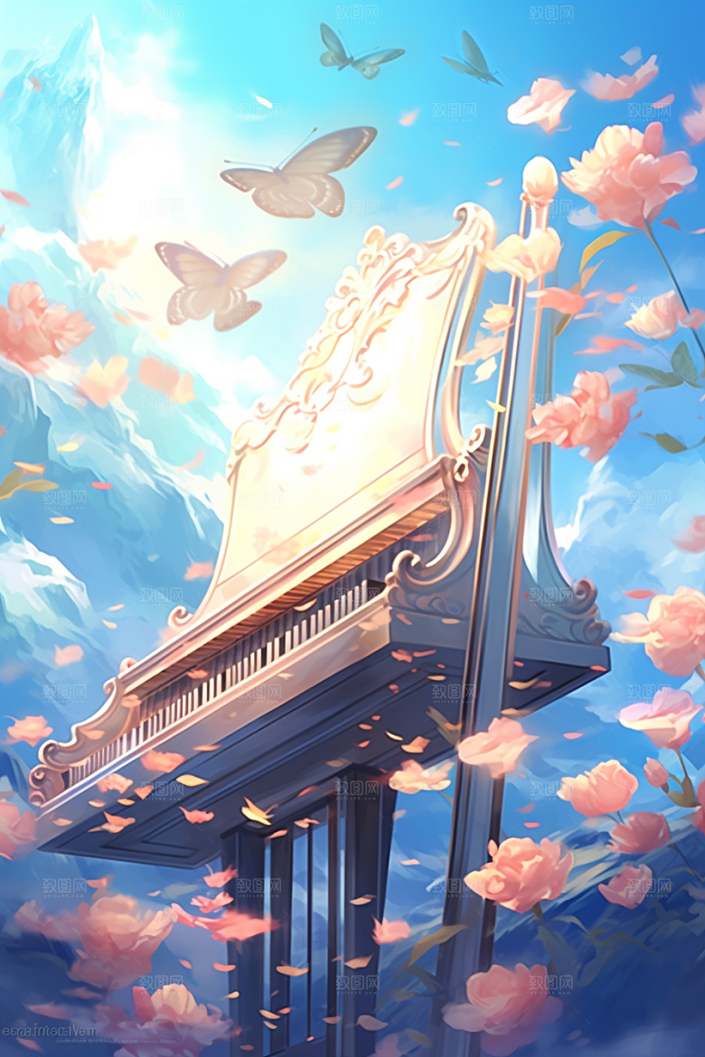 梦幻天空乐器手绘高清插画