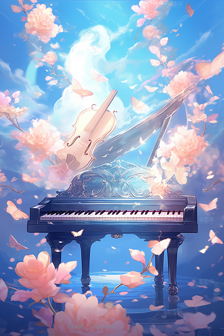 梦幻天空乐器唯美艺术插画