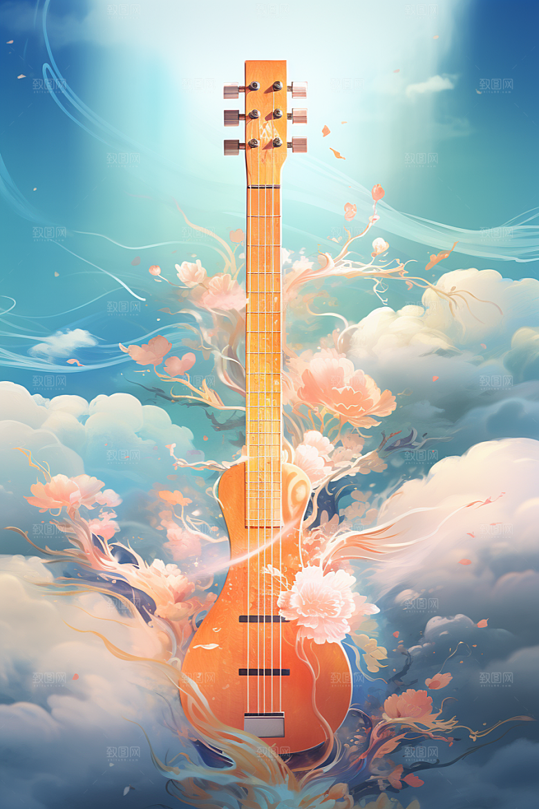 梦幻天空乐器美妙唯美插画
