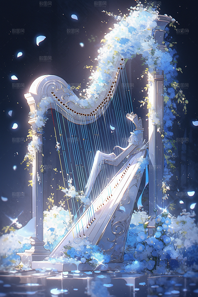 梦幻天空乐器唯美手绘插画